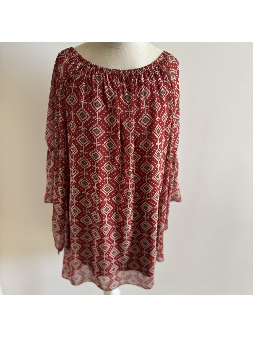 VTG Boho Festival Dress Womens S Hippie Geometric Aztec Sheer Sleeve Lined USA